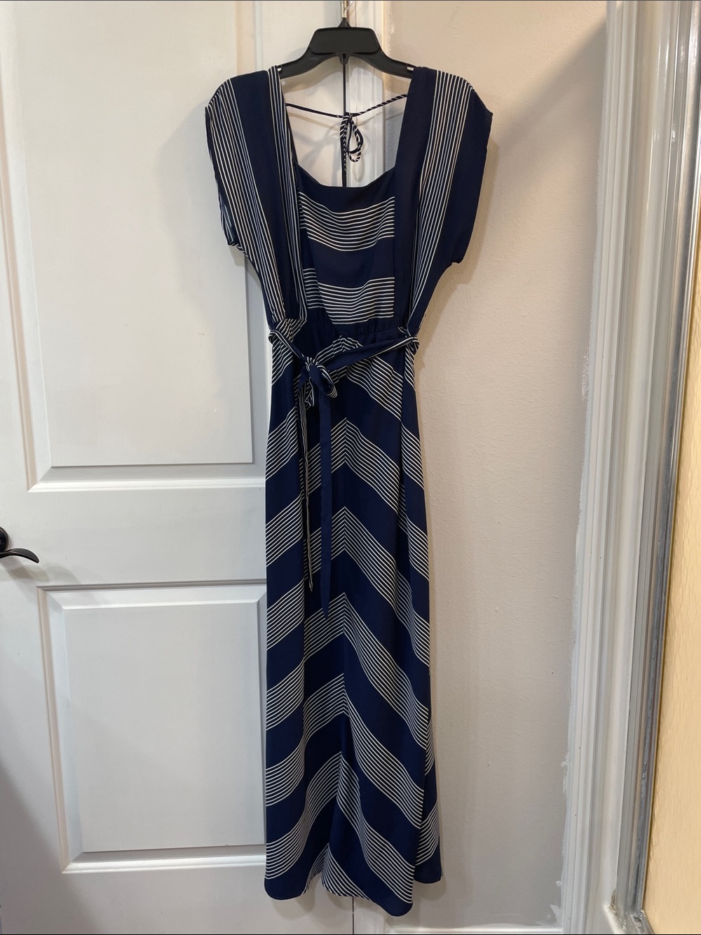 Navy & White Striped Maxi Dress with Tie Waist